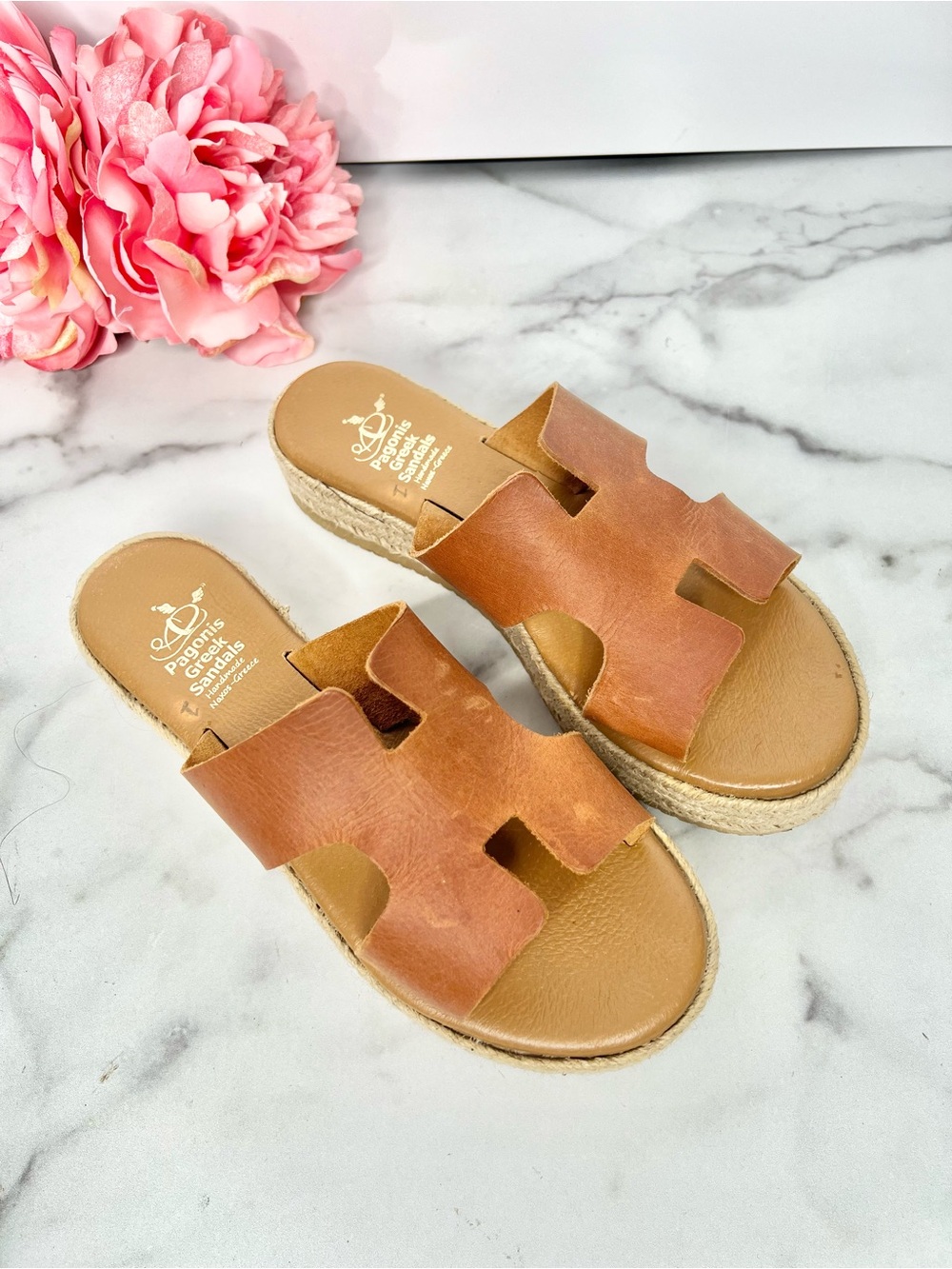 PAGONIS GREEK  SANDALS TAN LEATHER SLIDE PLATFORM HANDMADE